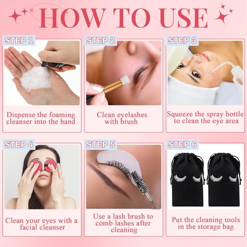 60 Pcs Lash Shampoo Brushes Set 10 Lash Shampoo Brushes 10 Mascara Tubes and Wands 10 Foam Pump Bottle 10 Cleaning Rinse Bottles 10 Makeup Remover Pad 10 Aftercare Drawstring Bag(Black)