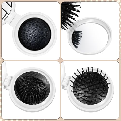 12 Pcs Volleyball Mini Detangler Brush, Folding Mirror Hair Brushes, Mini Travel Hair Brush, No Tangle Soft Flexible Bristles for Straight, Curly, Thick Hair for Volleyball Team Gift Sport Party