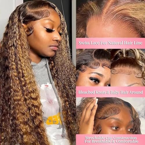 30 Inch 13x6 Lace Front Wig Human Hair Wigs Highlight Deep Wave Wigs 180% Density 4/27 HD Curly Honey Blonde Wig Human Hair Pre Plucked Colored Wigs