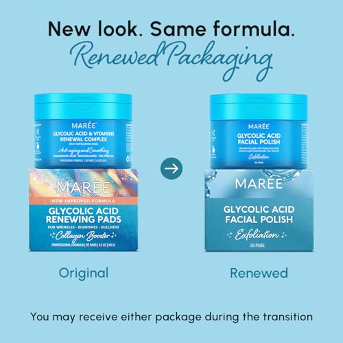 MAREE Glycolic Acid Pads - Toner Pads for Face Cleansing - Exfoliating Pad with Tea Tree Oil, Salicylic Acid & Vitamins E, B3, B5 - Acne Clearing, Skin Pore Resurfacing & Radiance Device - 50 Count