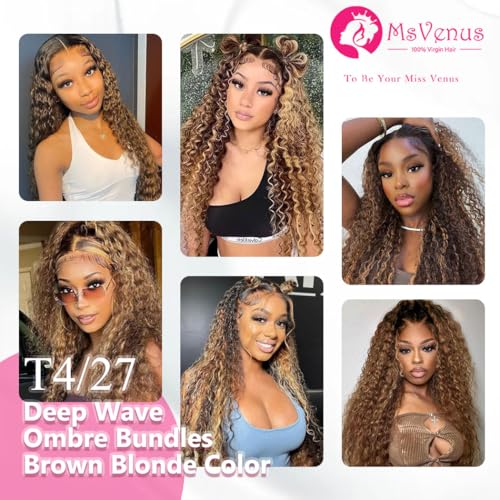 Ombre Deep Wave Bundles Human Hair T4/27# Brown to Honey Blonde Color Deep Wave Human Hair 3 Bundle for Women 12A Curly Bundle (24 24 24 Inch)