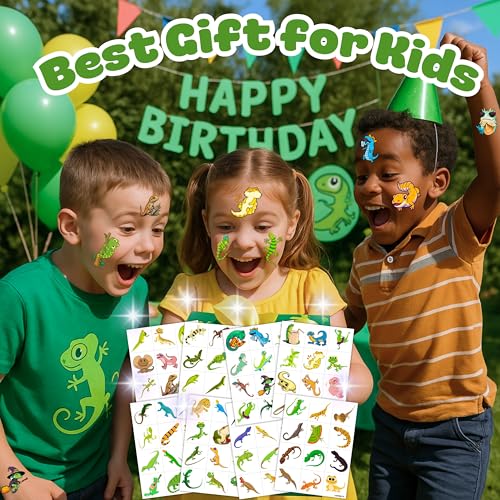 96PCS Lizard Pre-Cut Temporary Tattoos Themed Birthday Party Supplies Favors Decorations Cute Reptile Swamp Safari Animal Stickers Funny for Kids Girls Boys Teens School Classroom Rewards Gifts Ideal