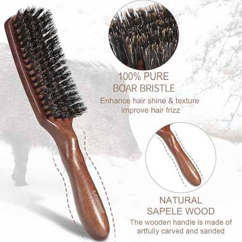Hair brush for Men, Boar Bristles Slick Back Hair Brush for Fine Thin Medium Hair, Nature Boar Hairbrush for Beard Styling