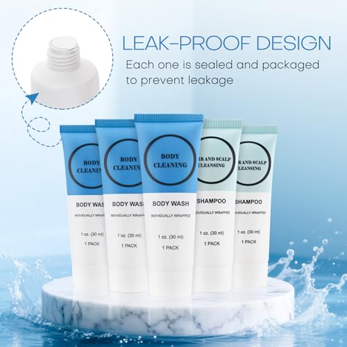 Travel Size Shampoo and Body Wash Bulk, Individually Wrapped Hotel Mini Shower Gel and Small Men Women Cleansing Toiletries Amenities for Hotel/Vacation/Homeless 1 oz (3.7inch, Count, 60)