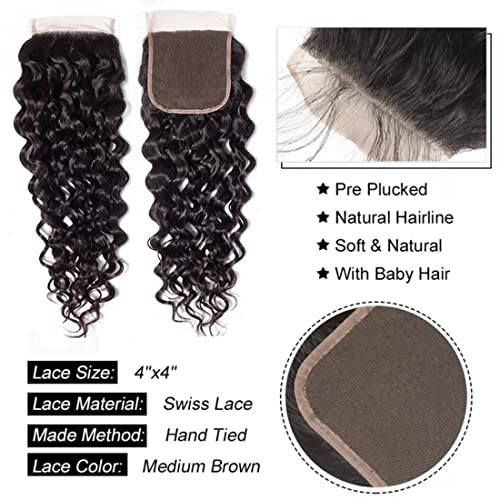 Water Wave Bundles with Closure 12A Unprocessed Brazilian Virgin Human Hair(18 20 22 24+16,Free Part) Bundles and Closure Ocean Wave Human Hair Bundles with 4x4 Lace Closure Natural Color