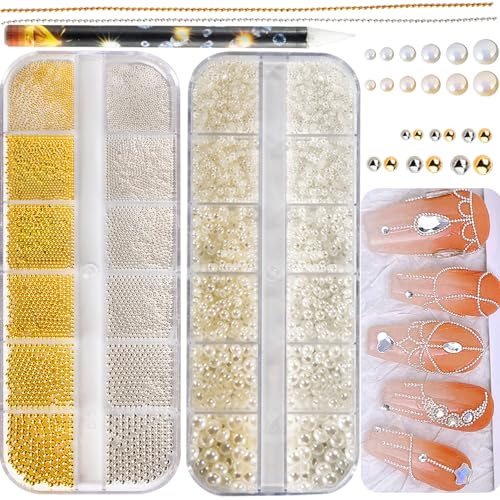 4390pcs Gold Nail Charms Caviar Beads for Nails, 2 Box Silver & Gold Beads for Nails and Flatback Pearls for Nail Art Supplies, Chloe Golden Caviar Chain for Nail Decals Jewelry Accessories