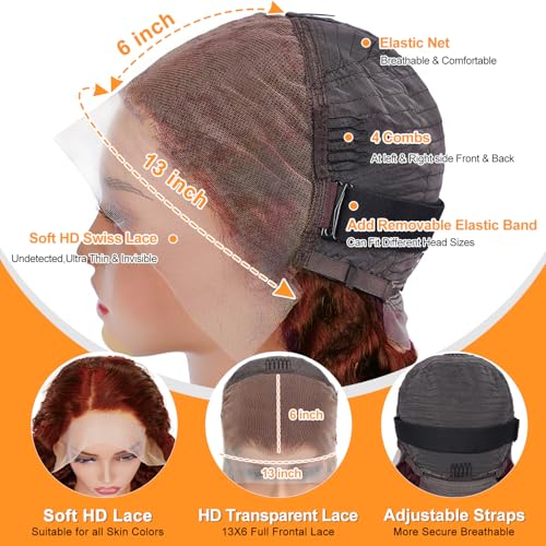 30 Inch Reddish Brown Lace Front Wigs Human Hair 13x6 Body Wave Lace Front Wig 180% Density #33 Glueless Wigs Human Hair with Baby Hair Pre Plucked