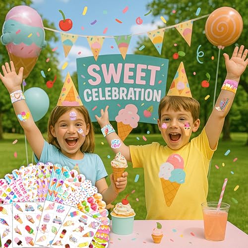 72 PCS Ice Cream Party Set - 48 Temporary Tattoos & 24 Slap Bracelets - Perfect for Themed Parties, Baby Showers, Classroom Rewards & Gifts for Kids