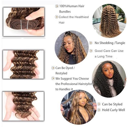 Highlight Bundles Human Hair with Closure (16 18 20 22+16inch) 10a Brazilian Deep Wave Human Hair 4 Bundles with 4x4 Closure 4/27 Color Ombre Brown Blonde