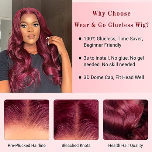 Wear and Go Glueless Burgundy Lace Front Wigs - Pre Plucked, Pre Cut Human Hair, 30 Inch Body Wave, 5x5 Lace Closure, Upgraded No Glue for Black Women