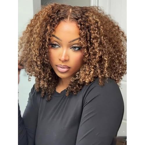 ISEE M-Cap Kinky Curly Wear Go Glueless Wigs Human Hair Pre Plucked Pre Cut Bleached Knots 9x6 HD Lace Glueless Human Hair Wigs For Women (Highlight Ombre, 16 Inch)