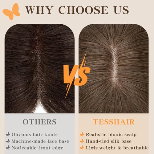 Human Hair Toppers for Women, 150% Density Hair Topper with Bang, No Tangle & Smooth, Upgrade 7x13cm Silk Base, 16 Inch #02 Dark Brown