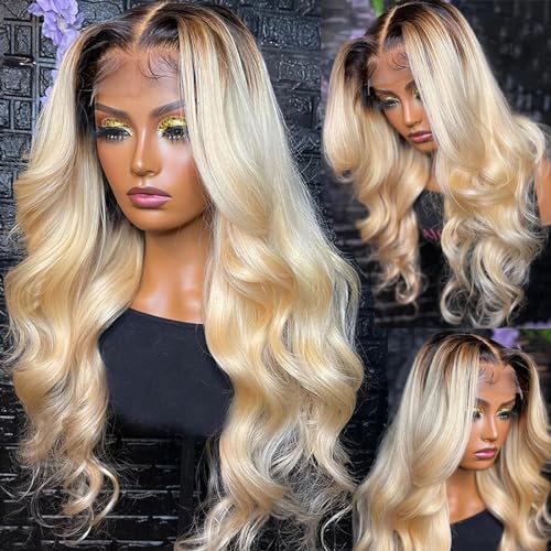 Smavida Pre Plucked Lace Front Wigs - 13x4 HD Ultra-thin Invisible Lace Front Wigs for Black Women, Dark Roots Ombre Blonde Human Hair Wigs Body Wave Melted Hairline