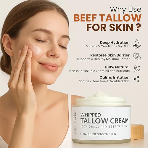 100% Organic Grass Fed Beef Tallow for Skin | Whipped Beef Tallow For Face | Tallow Moisturizer| Premium Beef Tallow for Women With Aloe Vera & Raw Honey & Beeswax- 5 FL.Oz