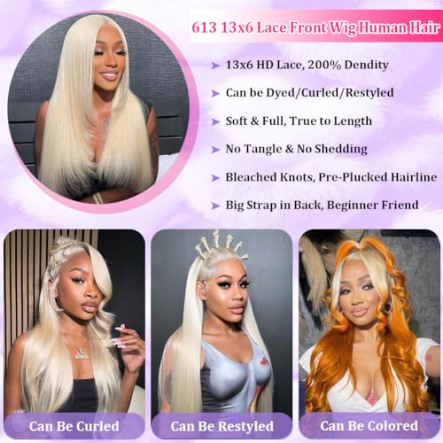 32 Inch 613 13x6 Lace Front Wig Human Hair 200% Density Straight Blonde Wig Human Hair 613 HD Lace Frontal Wig Human Hair Pre Plucked Blonde Glueless Wig for Women