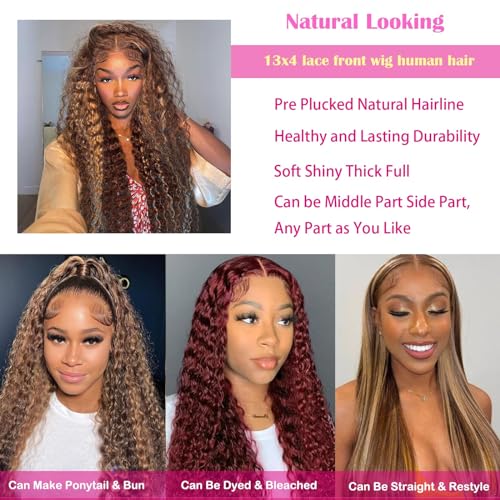 Honey Blonde 13x4 Deep Wave Lace Front Wigs Human Hair Highlight Ombre Curly Human Hair Wig HD Transparent Frontal Wigs for Women 180 Density P4/27 Pre Plucked with Baby Hair 22 Inch