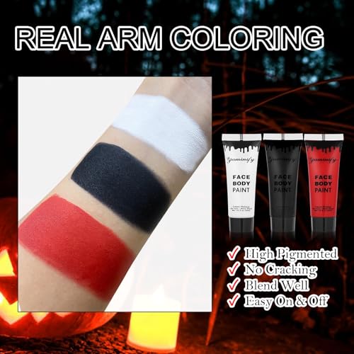Black White Red Face Body Paint 1.01 oz/pc with 3 Sponges,Water Based Face Paint Kit for Clown Joker Devil Vampire Skeleton Cosplay Makeup,Halloween SFX Makeup Cream Face Painting,3.03 oz