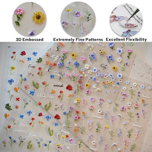 Flower Nail Art Stickers 3D Embossed Nail Decals for Nail Art Design Self-Adhesive Spring Summer Nail Accessories for Women Nail Art Supplies 3 Sheets