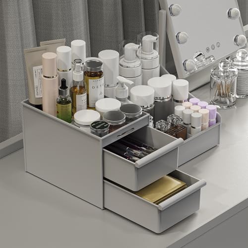 Grey&2 Drawers Makeup Organizer Countertop, Vanity Organizer with 7 Compartments and 2 Drawers for Cosmetics, Skincare, Brushes, Perfume, Bathroom Counter Organizer