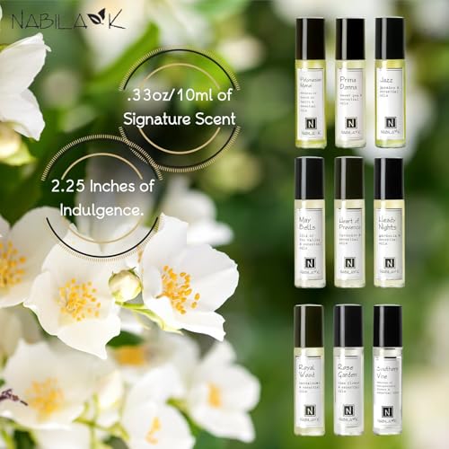 Nabila K Roll-on Perfume (Set of 9) with Essential Oils Alcohol-Free, All-Natural, Organic, Long-Lasting Fragrance - Travel-Size Perfume for Women - TSA Approved, 0.33 oz / 10 ml