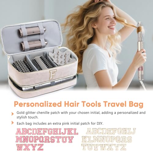 Initial Personalized Hair Tools Travel Bag Double-Layer Hair Dryer Case Compatible with Shark FlexStyle/SmoothStyle, Dysson Airwrap & Supersonic ? Hair Tool Organizer for Travel & Home