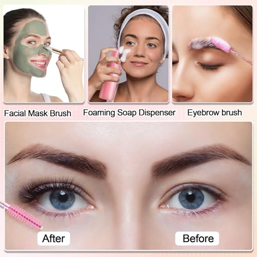 Zhehao 150 Pcs Lash Shampoo Kit Bottle Brushes Bulk 30 Eyelash Dispensers 30 Lash Shampoo Brushes 30 Reusable Aftercare Bag 30 Eyelash Pipes 30 Extension Aftercare Cards(Pink)
