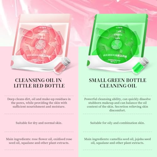 Natural Cleansing Oil Makeup Remover with Jojoba & Rose Oils, Gentle Moisturizing Cleansing Oil for All Skin Types, Individually Travel-Friendly, 2ml 40caps