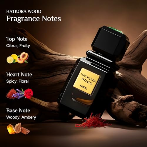 Ajmal Hatkora Wood Eau de Parfum 3.4 oz / 100 ml ? Unique Unisex Oriental Citrus & Woody Fragrance with Hatkora Lemon, Saffron & Oud | Long-Lasting Signature from Dubai