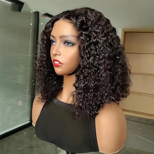 ISEE Glueless Bob Wigs Human Hair Pre Plucked Pre Cut Water Wave Human Hair Wig for Black Women 5x7 HD Lace Closure Wigs 180% Density (Black, 16 Inch)
