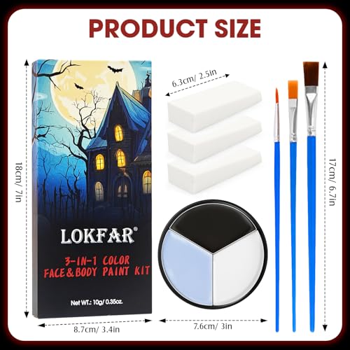 Black White Grey/Gray Face & Body Paint - Blendable Facepaint Foundation with Sponge & Brush for Skin, Professional Halloween Face Make-up Kit for Pale Zombie Skeleton Skull Mime Ghost Goth Costume