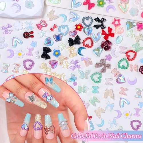 2 Boxes 3D Bow Nail Art, Carviar Beads for Nail Art, Assorted Flower Heart Butterfly Acrylic Bows Nails Charms with Pearls Gems Bead for Nail Design DIY Y2K Supplies
