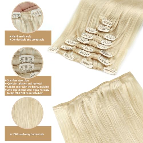ABH AMAZINGBEAUTY HAIR Blonde Clip in Hair Extensions Straight Clip in Hair Extensions Human Hair 22 Inch Invisible Double Side Skin Weft Clip on Hair #60 Platinum Ash Blonde 8pcs 120G