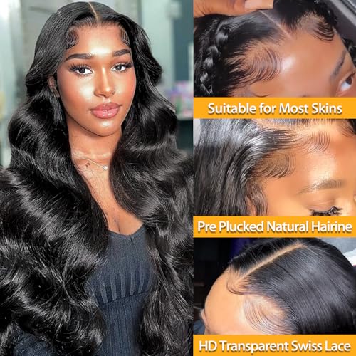 Body Wave Lace Front Wigs Human Hair 13x4 HD Transparent Lace Frontal Wigs Human Hair for Women Brazilian Virgin 180 Density Glueless Wigs Human Hair Pre Plucked with Baby Hair Natural Black 30 Inch