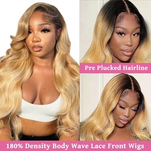 Body Wave Natural Black to Honey Blonde Lace Front Wigs Human Hair Pre Plucked 32 Inch 1B27 Curly Wave Free Part 13x4 HD Transparent Lace Frontal Glueless Wigs Human Hair for Black Women Bleached Knot