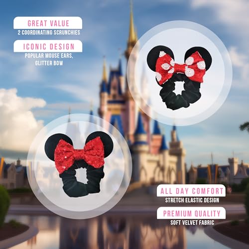 Styla Hair 2pk Mouse Ear Scrunchies for Kids Velvet Hair Bow Scrunchies for Women - Sparkle Sequins Mouse Hair Bands for Pony Tail (Red Black)