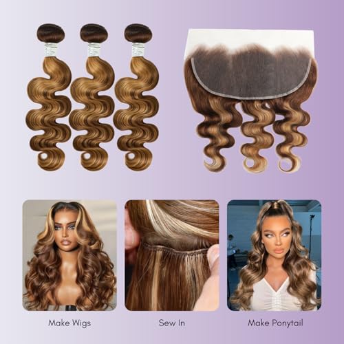 Honey Blonde Highlight 3 Bundles with 13x6 Frontal Human Hair 16 18 20+14 Inch, 12A Thick Track Body Wave Bundles With HD Lace Closure Frontal 13x6#P4/27 Brown Ombre Wavy Weave 100% Virgin Hair