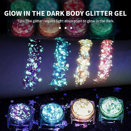 LATIBELL Glow in The Dark Body Face Glitter Gel for Women, 12 Colors Makeup Chunky Fine Glitter, UV Black Light Body/Face/Hair/Eyeshadow, Carnival Party(Not Loose Glitter)