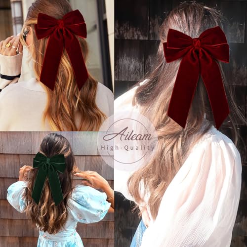 2PCS Velvet Hair Bows Hair Ribbon Clips Green Wine red Big Fall Alligator Clips Hair Accessories for Women Girls Toddlers Kids Baby