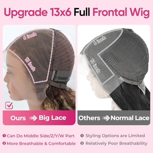 26 Inch Highlight Ombre Lace Front Wigs Human Hair P4/27 Honey Blonde Deep Wave 13x6 HD Lace Front Wigs 200 Density Pre Plucked with Baby Hair Glueless Frontal Wigs for Women