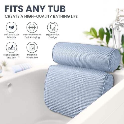 LuxStep Bath Pillow Bathtub Pillow with 6 Non-Slip Suction Cups,14.6x12.6 Inch, Extra Thick and Soft Air Mesh Pillow for Bath - Fits All Bathtub, Blue
