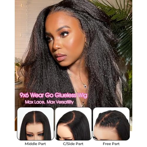 BGM GIRL 9x6 M Cap Glueless Kinky Straight Wig Human Hair Pre Bleached Knots Pre Cut HD Lace 180% Density Natural Black Wear Go Wig for Women Pre Plucked Invisible Lace 18 Inch
