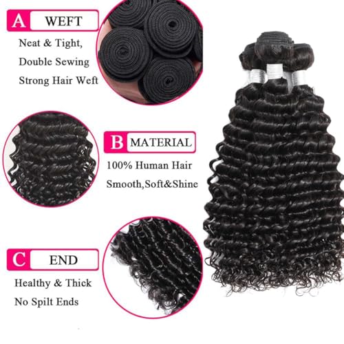 Deep Wave 3 Bundles with Frontal 13x4 Free Part Lace Frontal with Bundles 100% Unprocessed Virgin Human Hair Extensions Natural Color (22 24 26+20)
