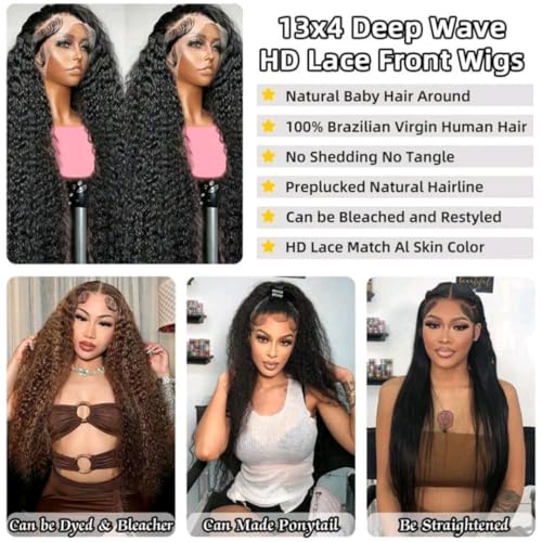 13x4 Deep Wave Lace Front Wigs Human Hair 250% Density Deep Wave Frontal Wigs Human Hair HD Lace 26 Inch Curly Wigs for Black Women Pre Plucked with Baby Hair Curly Lace Front Wig