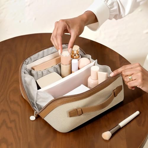 mibasies Flat Lay Travel Makeup Bag for Women, Dual-Zipper Cosmetic Bag, Large Capacity Toiletry Bag with Handle