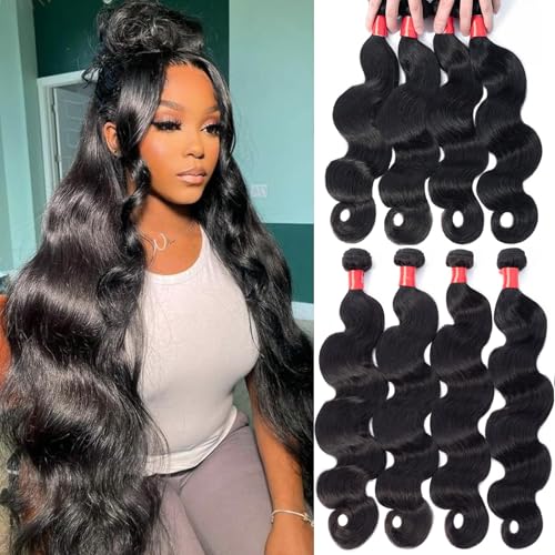 Douyin Brazilian Body Wave 4 Bundles Human Hair 22 24 26 28 Inch 12A 100% Unprocessed Virgin Human Hair Weave Bundles Deal Natural Black Color (22 24 26 28)