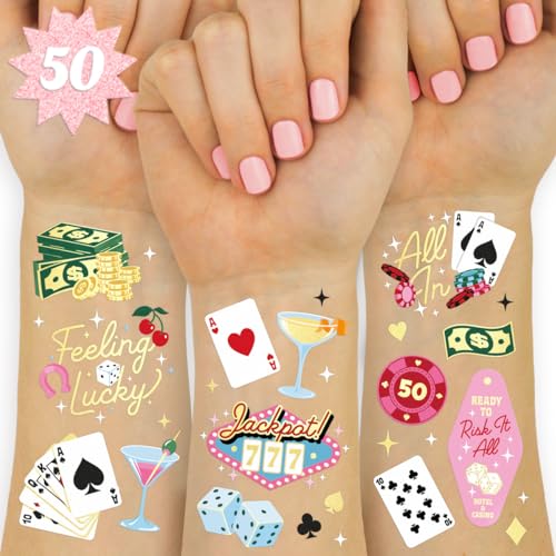 xo, Fetti Casino Temporary Tattoos - 50 Gold Foil | Bachelorette Decorations, Birthday Accessory, Las Vegas Bach Theme Favor, Game Night Bday Gift, Feeling Lucky Dice Decor, Girls Poker Party