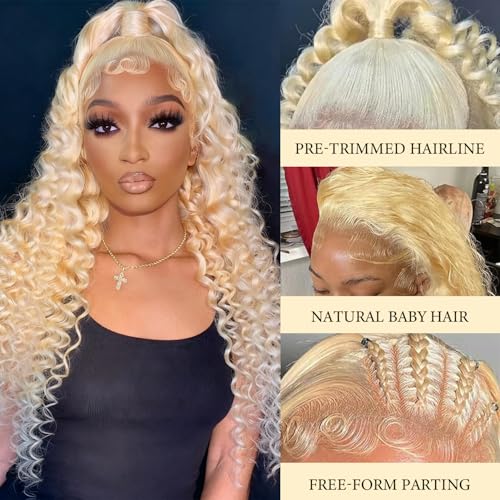 28 Inch 13x6 Lace Front Wigs Human Hair 613 Deep Wave Blonde 13x6 HD Lace Front Wigs Human Hair 200% Density Pre Plucked with Baby Hairs Wigs For Women Female
