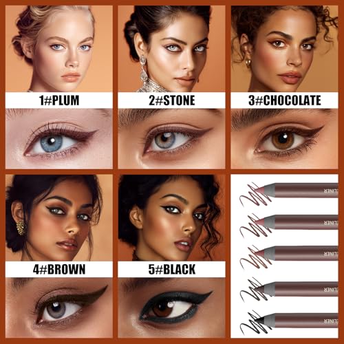 Pinkiou 5 Colors Eyeliner Pencil Set, Waterproof Smudge-Proof Eye Liner Pencil, Long-Lasting Makeup Pencils for Eyebrows and Eyeliner (Plum, Stone, Chocolate, Brown, Black)?