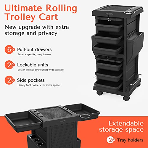 TASALON Professional Salon Trolley Cart, Lockable 6 Trays & 2 Holders, Space Saving Mobile Storage for Hair Salon and Beauty Station? - Black