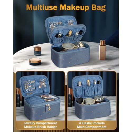 Wedama Makeup Bag Gift for Women, Double-layer Cosmetic Bag with Jewelry Storage and Brush Holder 3 Pcs Velvet Makeup Organizer Bag Gift Set Travel Toiletry Bag for Women Girls, Blue